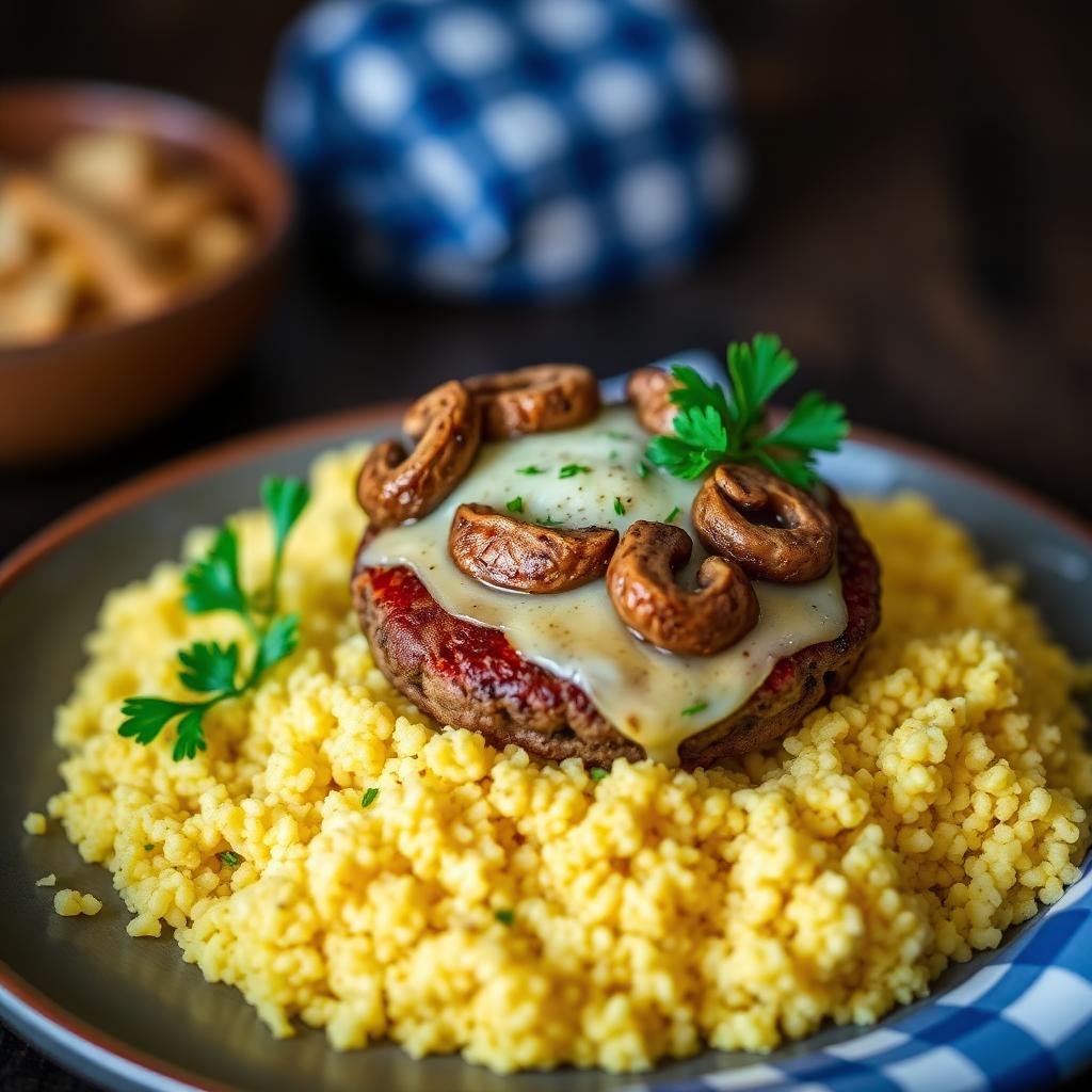 Plato de cuscús con hamburguesa y champiñones